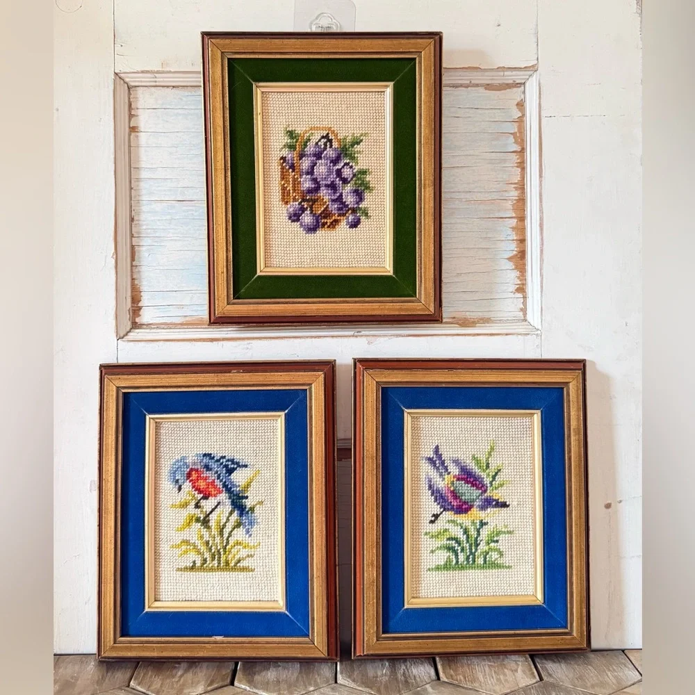 Vintage Bird & Grapes Needlepoint Framed Artwork, Set of 3, Wood Frames - Picture 6 of 7